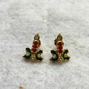 Holiday candle earrings. Gold with red and white stones. 2cm